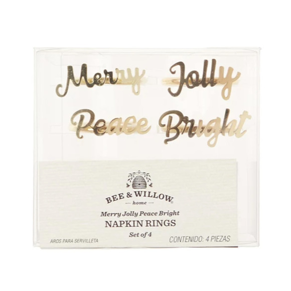 Christmas Napkin Rings Set Of 4 Gold Jolly Merry Peace Bright Bee & Willow NEW - Picture 5 of 8